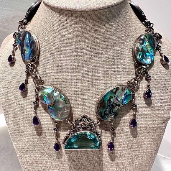 Handmade Abalone Blue Topaz and Sterling Silver Necklace - Picture 1 of 8